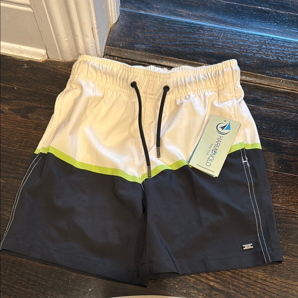 Navy and White Swim Shorts with Lime Accent